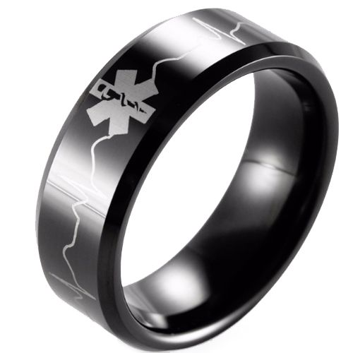 COI Black Tungsten Carbide Medical Alert Heartbeat Ring-TG1957B