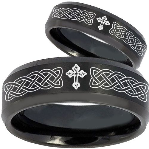 *COI Black Tungsten Carbide Cross Celtic Step Edges Ring-2603BB