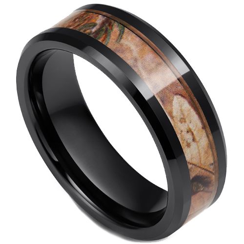 COI Black Tungsten Carbide Camo Beveled Edges Ring - TG3575