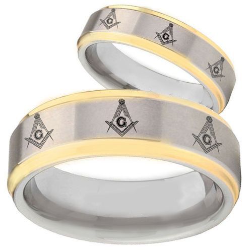 COI Gold Tone Tungsten Carbide Masonic Step Edges Ring-TG2743B