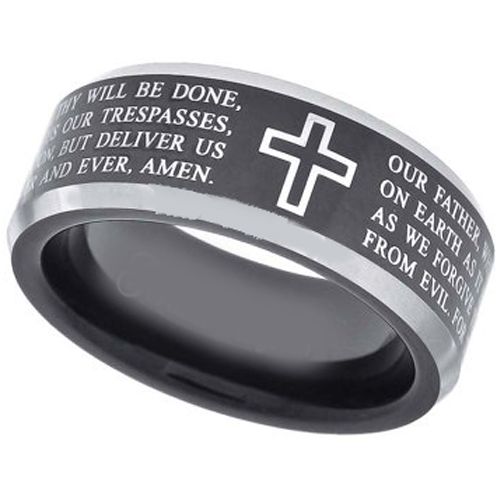 *COI Tungsten Carbide Cross Scripture Beveled Edges Ring-TG3586AA