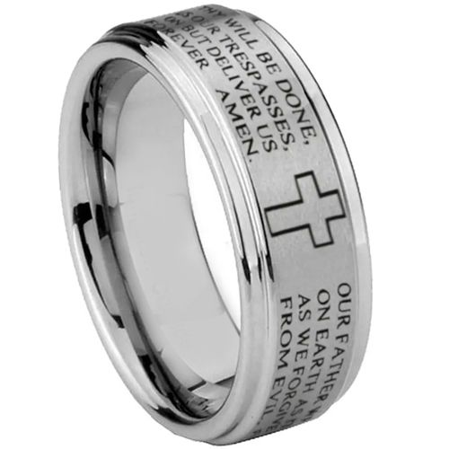 COI Tungsten Carbide Cross Scripture Step Edges Ring-3599