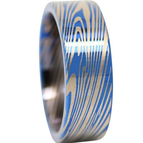*COI Blue Tungsten Carbide Damascus Pipe Cut Flat Ring-TG4501