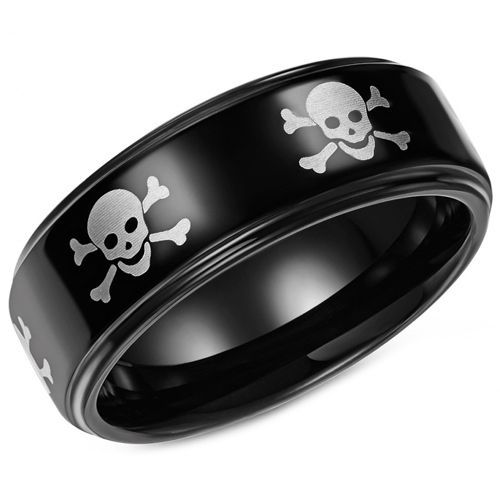 *COI Black Tungsten Carbide Skull & Bones Step Edges Ring-3858