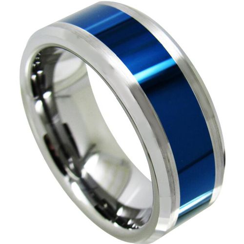 *COI Tungsten Carbide Blue Silver Beveled Edges Ring-TG4321