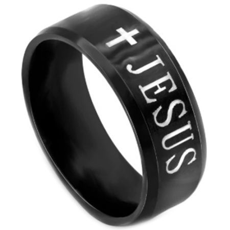 *COI Black Tungsten Carbide Cross Jesus Ring-TG5207