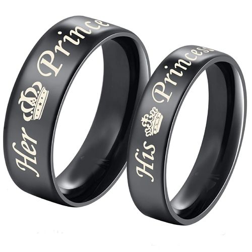 *COI Black Tungsten Carbide His Princess Her Prince Crown Dome Court Ring-5437