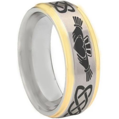*COI Tungsten Carbide Gold Tone Silver Mo Anam Cara Celtic Step Edges Ring-5443