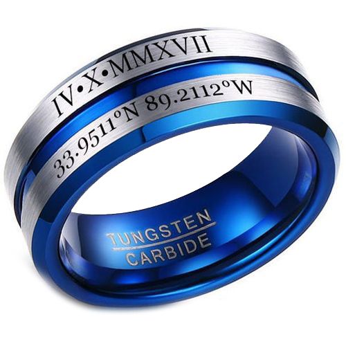 COI Tungsten Carbide Blue Silver Beveled Edges Ring With Custom Roman Numerals-5454