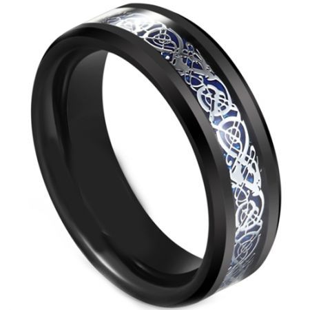 *COI Black Tungsten Carbide Dragon Beveled Edges Ring-5607