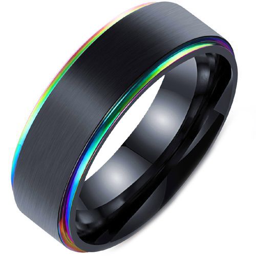 **COI Tungsten Carbide Black Rainbow Color Step Edges Ring-6832