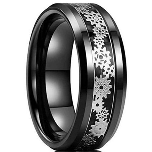 **COI Black Tungsten Carbide Gears Beveled Edges Ring-6951CC