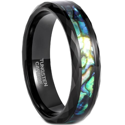 **COI Black Tungsten Carbide Faceted Ring With Abalone Shell-7219AA