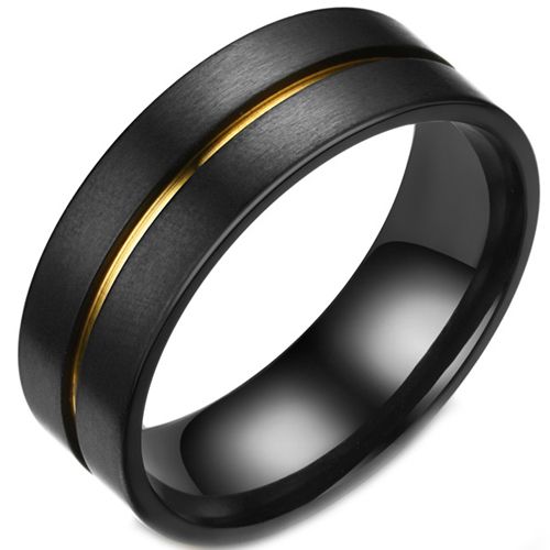 **COI Tungsten Carbide Black Gold Tone Center Groove Pipe Cut Flat Ring-7567CC