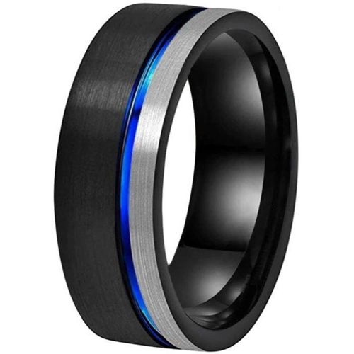 **COI Tungsten Carbide Black Blue Silver Offset Groove Pipe Cut Flat Ring-7599CC