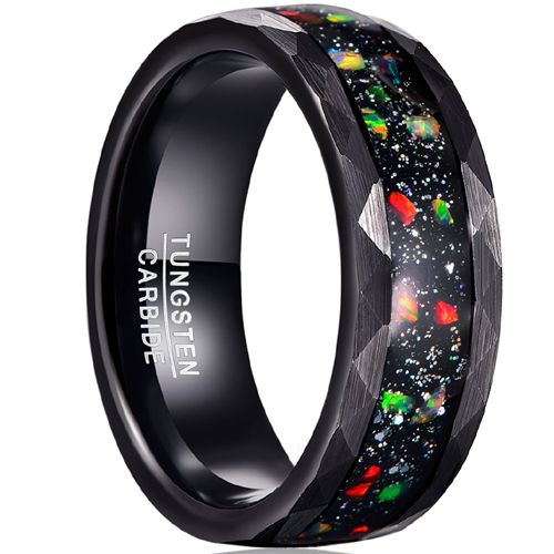 **COI Black Tungsten Carbide Faceted Ring With Crushed Opal-7785DD