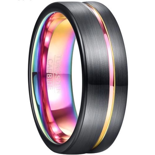 **COI Black Tungsten Carbide Rainbow Color Offset Groove Ring-7807BB