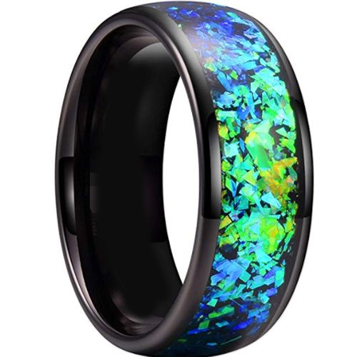 **COI Black Tungsten Carbide Crushed Opal Dome Court Ring-7954BB