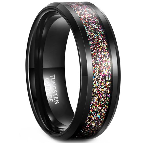 **COI Black Tungsten Carbide Rainbow Meteorite Beveled Edges Ring-8098BB