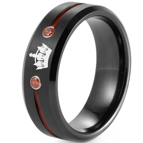 **COI Tungsten Carbide Black Red Center Groove King Crown Ring With Created Red Ruby-8286DD
