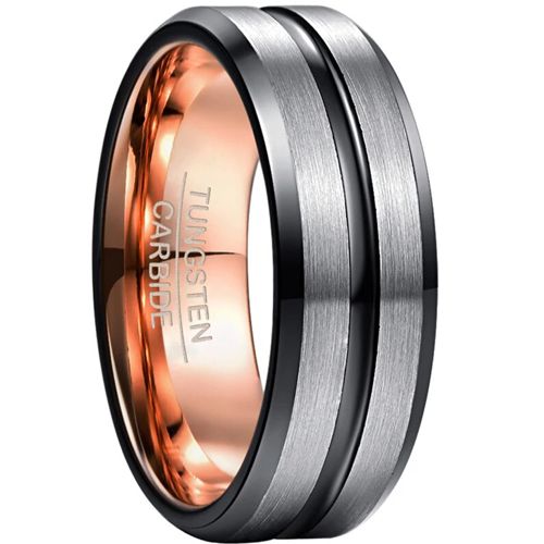 **COI Tungsten Carbide Black Rose Silver Center Groove Beveled Edges Ring-8873DD