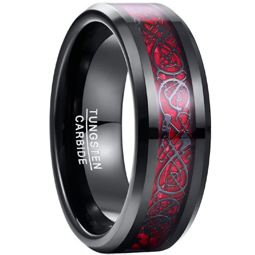 **COI Tungsten Carbide Black Red Dragon Beveled Edges Ring-8886DD