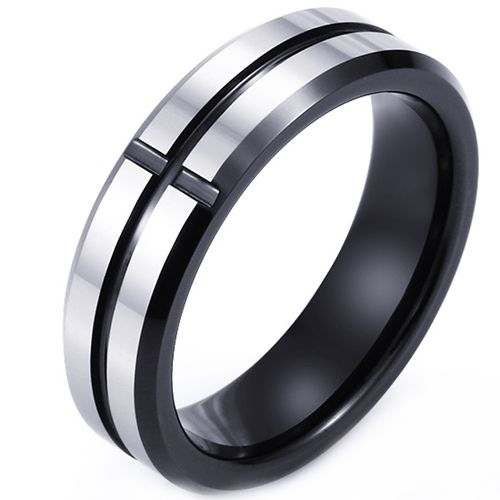 **COI Tungsten Carbide Black Silver Cross Beveled Edges Ring-9299DD