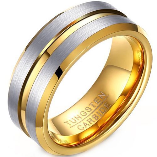 **COI Tungsten Carbide Gold Tone Silver Center Groove Beveled Edges Ring-9337