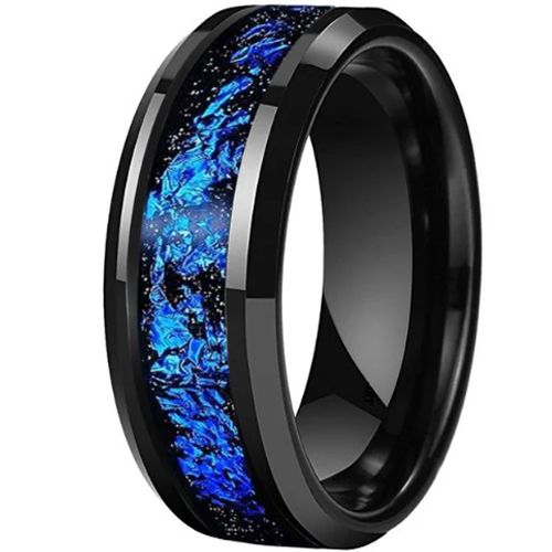 **COI Tungsten Carbide Black/Rose/Gold Tone/Silver Black Meteorite & Blue Foil Beveled Edges Ring-9839DD