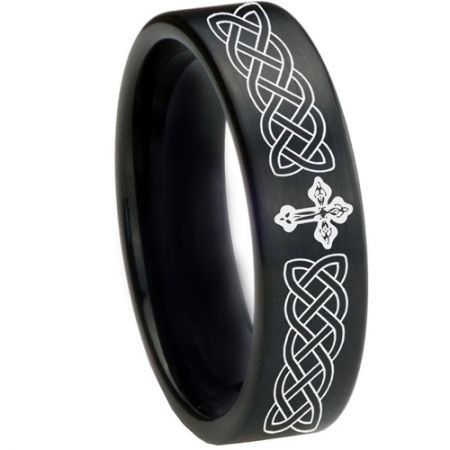 *COI Black Tungsten Carbide Cross Celtic Dome Court Ring-1661