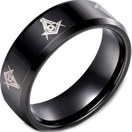 COI Black Tungsten Carbide Masonic Beveled Edges Ring - TG2123