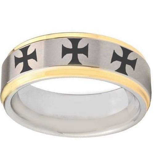 COI Gold Tone Tungsten Carbide Cross Step Edges Ring-TG5128