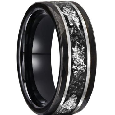 ***COI Tungsten Carbide Black Silver Double Grooves Silver Foil Faceted Ring With Meteorite-00786DD