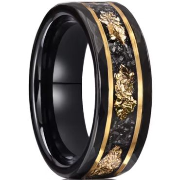 ***COI Tungsten Carbide Black Gold Tone Faceted Double Grooves Gold Foil & Meteorite Ring-00792DD