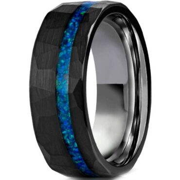 ***COI Black Tungsten Carbide Offset Crushed Opal Hammered Ring-01188DD