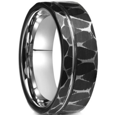 ***COI Tungsten Carbide Black Silver Offset Groove Hammered Ring-01191DD