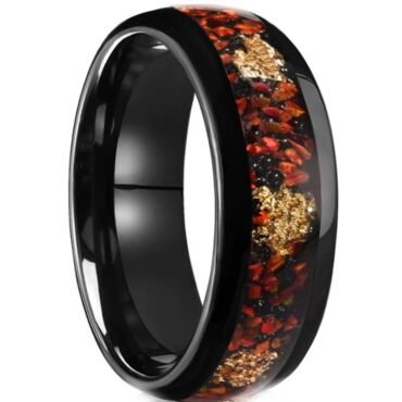 ***COI Black Tungsten Carbide Red Carol Meteorite Gold Foil Dome Court Ring-01192DD