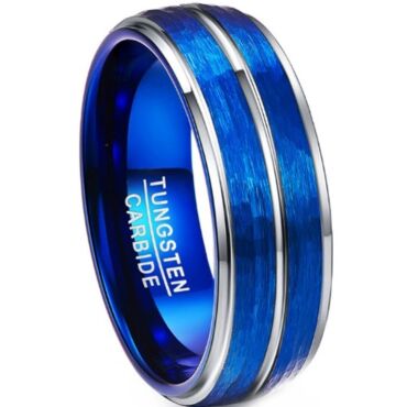 ***COI Tungsten Carbide Blue Silver Center Groove Step Edges Faceted Ring-01201AA