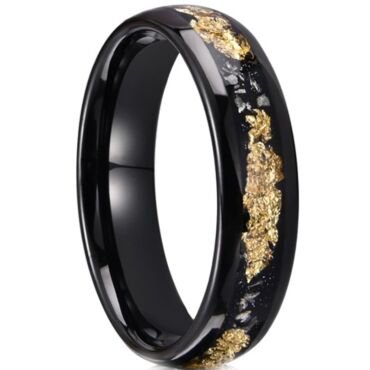 ***COI Black Tungsten Carbide Meteorite & Gold Foil Dome Court Ring-01202DD