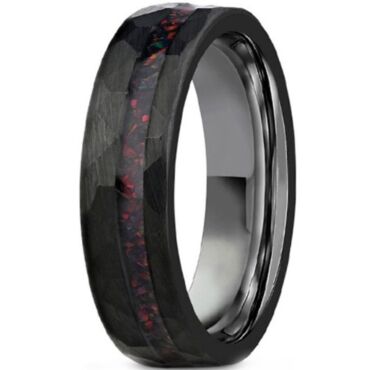 ***COI Black Tungsten Carbide Hammered Ring With Crushed Opal-01203DD