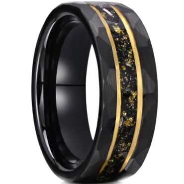 ***COI Tungsten Carbide Black Gold Tone Double Grooves Meteorite & Gold Foil Ring-01204DD