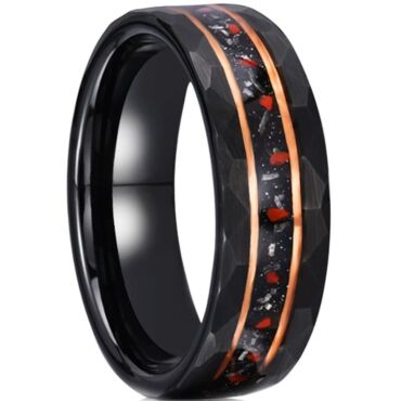 ***COI Tungsten Carbide Black Gold Tone Double Grooves Ring With Created Red Ruby & Meteorite-01206DD