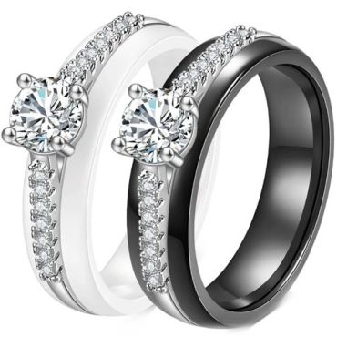 ***COI Black/White Ceramic Solitaire Ring With Cubic Zirconia-01273DD