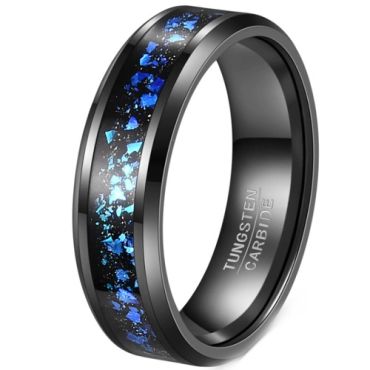 ***COI Black Tungsten Carbide Meteorite & Crushed Opal Beveled Edges Ring-01274DD
