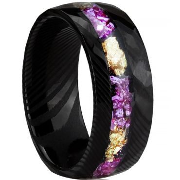 ***COI Black Tungsten Carbide Dome Court Damascus Ring With Gold Foil & Purple Amethyst-01322DD