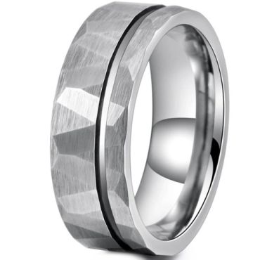 ***COI Tungsten Carbide Offset Groove Faceted Ring-01326DD