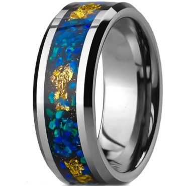 ***COI Tungsten Carbide Crushed Opal & Gold Foil Beveled Edges Ring-01412DD