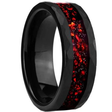***COI Black Tungsten Carbide Crushed Opal & Meteorite Faceted Beveled Edges Ring-01413DD