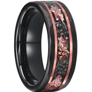 ***COI Tungsten Carbide Black Rose Faceted Ring With Meteorite & Rose Gold Foil-01415DD