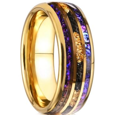***COI Gold Tone Tungsten Carbide Meteorite Crushed Opal & Gold Foil Dome Court Ring-01437DD